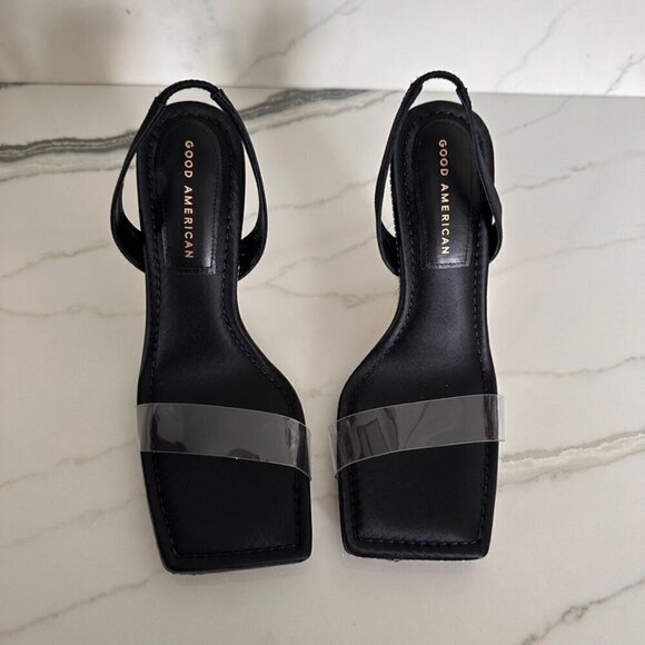 Good American Crystal Crush Lucite Satin Rhinestones Stilletto Heels SZ 9 - Picture 3 of 10